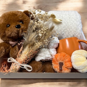 May include: A gift basket filled with a brown teddy bear, dried flowers, a white blanket, an orange mug, and two orange and cream velvet pumpkins.