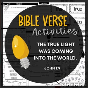 Memory Verse Activities for Kids-John 1:9 Bible Lesson-Scripture Memorization Worksheets-Christian Printables for Sunday School & Homeschool
