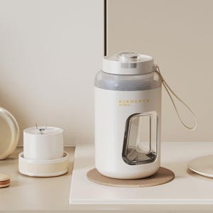 May include: White water bottle with a clear window and a black handle. The bottle has the text "ELEMENTS MOBILE" printed on the side.