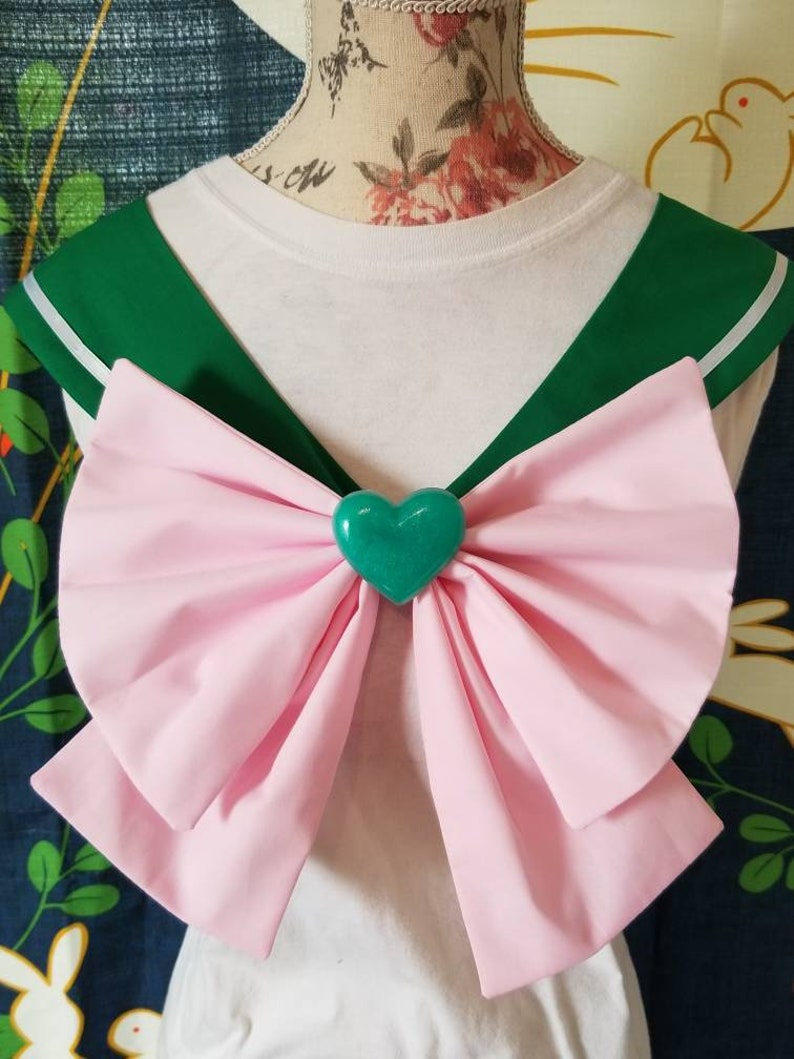 SUPER Jupiter Cosplay Costume Green Collar, Pink Bow, Green Heart Brooch image 1