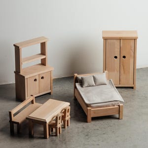 Handcrafted Wooden Doll Furniture Set - Wardrobe, Sideboard, Table & Chairs, Doll Bed with Bedding.