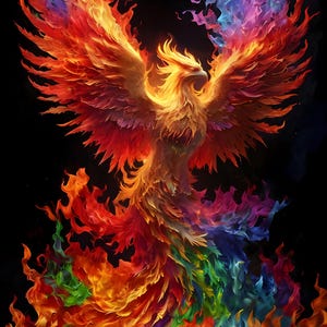 Phoenix Wand Kunst digitaler Download, Regenbogen auf schwarz, mehrere Größen, Wohnkultur, mythischer Vogel, Instant Download