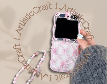 Pink Kawaii Bow Print Phone Case For Samsung Galaxy Z Flip7 Flip6 Flip5 Flip4 Flip3 Wavy Edge Protective Cover