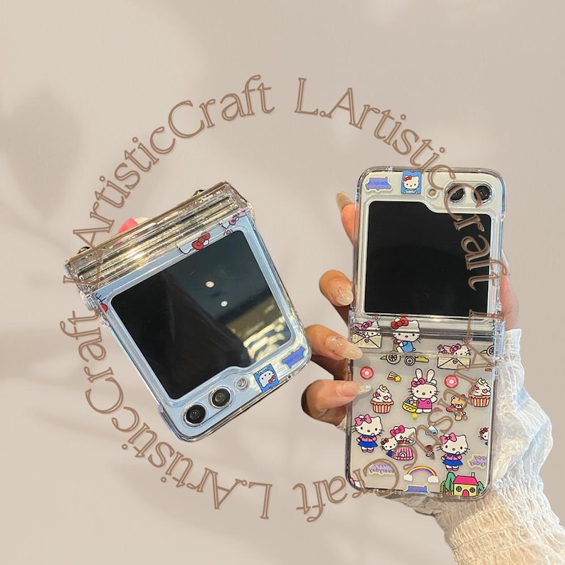 May include: Two clear phone cases with a Hello Kitty design. One case is closed and the other is open to reveal a black screen. The open case has a colorful Hello Kitty design on the back.