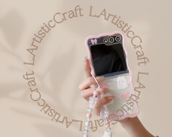 Luxury Bow Cat Galaxy Z Flip Case with Pearl Wrist Strap