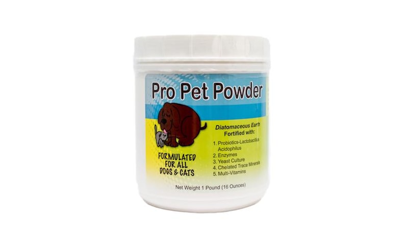 May include: A white plastic container of Pro Pet Powder, a dietary supplement for dogs and cats. The container features a cartoon dog and cat on the front and lists the ingredients, including diatomaceous earth, probiotics, enzymes, yeast culture, chelated trace minerals, and multi-vitamins. The container is labeled with a net weight of 1 pound (16 ounces).
