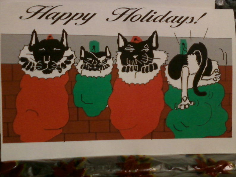 Cat Christmas Card stocking cats image 1