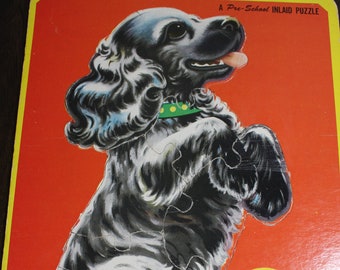 1950's  Black Puppy with Yellow Ball Saalfield Publishing Frame Tray Picture Puzzle Made in USA