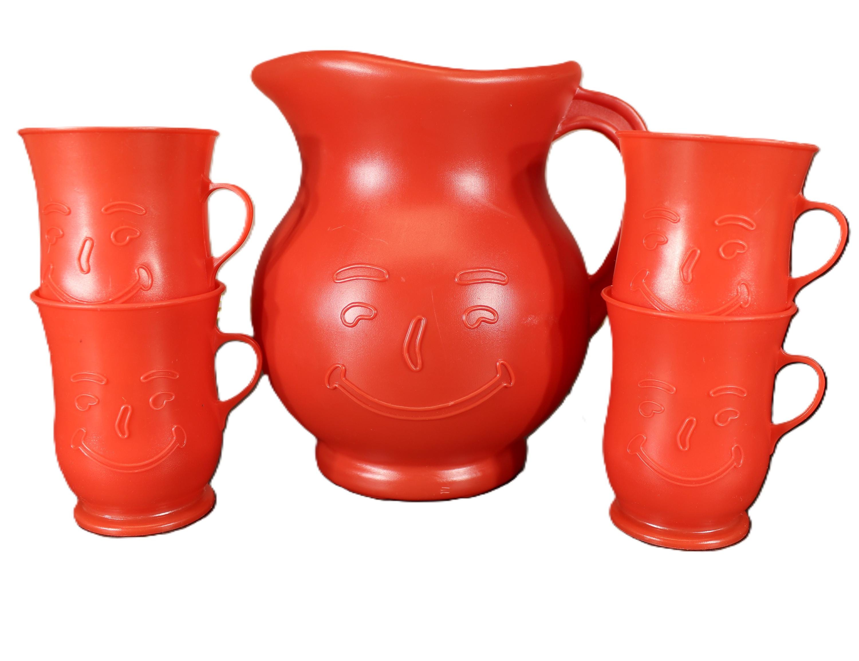 1984 Red Kool-aid Promotional Plastic Pitcher and 4 Matching Cups