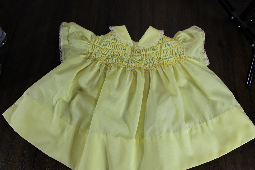 Vintage Baby Dress 69 Months Yellow Smocked Front With Blue and White