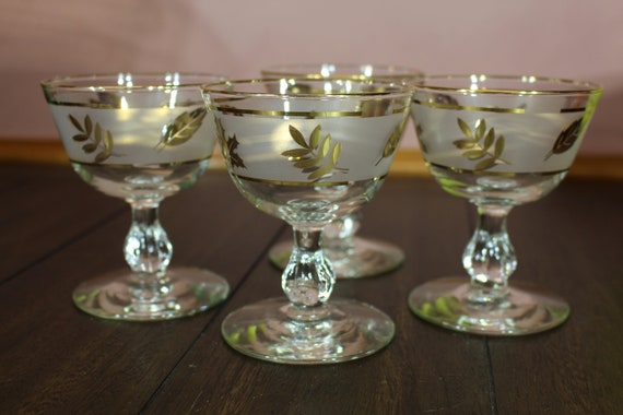 Vintage Libbey Gold Leaf Foliage Frosted Tall Water Glasses- Set