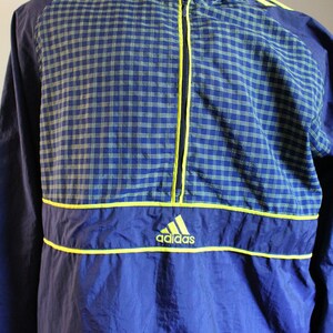 Vintage Adidas Windbreaker Pullover Jacket 1/4 Zip  Navy/Yellow Checked Pattern Large