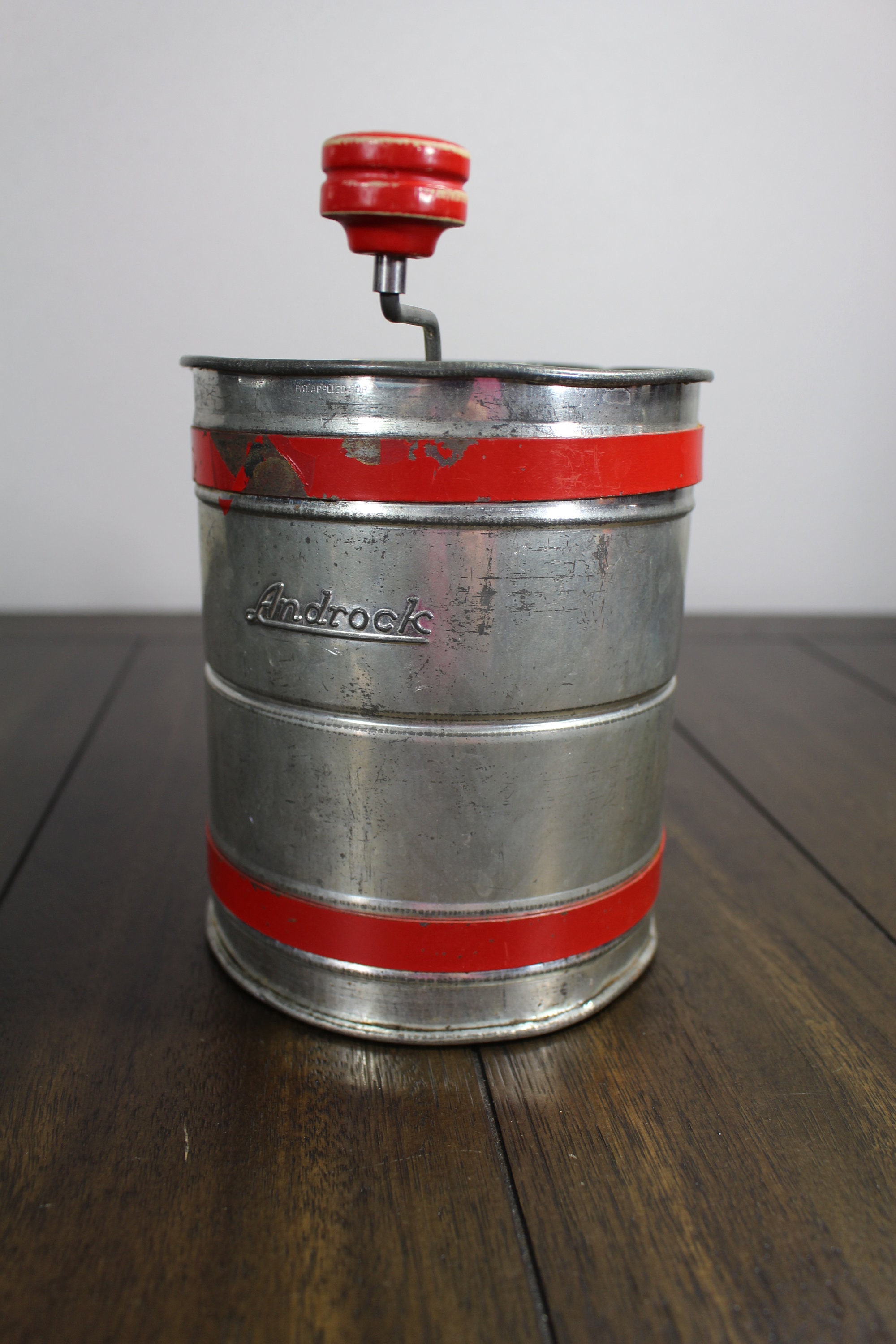 Vintage Androck Hand Flour Sifter Red Wood Handle Crank Etsy