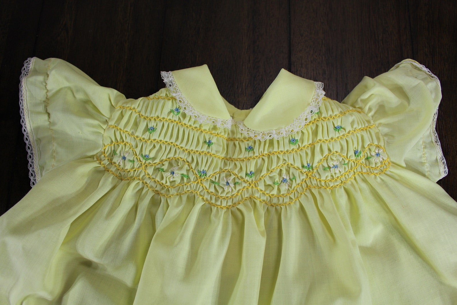 Vintage Baby Dress 69 Months Yellow Smocked Front With Blue Etsy