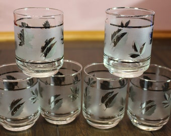 Vintage Libbey Frosted Foliage Silver Leaf Juice Glasses Set of 6   #2