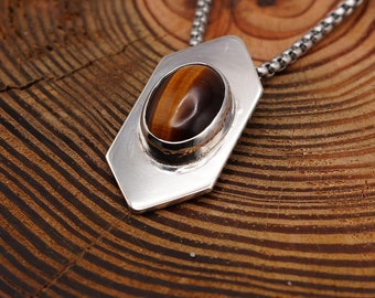 925 Sterling Silver and Tigers Eye Pendant, Unisex Pendant, Gift for Him, Gift for Her, Silver Necklace, Gemstone Jewelry, Unisex Necklace