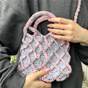 Handmade Knitted Shopper Bag: Gray & Pink Yarn Mini Bag