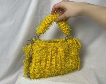 Yellow Crochet Handbag: Fluffy Knit Purse With Chain Strap