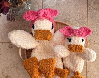 Handmade Crochet Della Duck Snuggler | Baby Lovey | Soft Security Blanket | Baby Shower Gift | Nursery Plush Toy