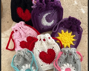 Crocheted Drawstring Pouches - Heart, Moon, Sun and Daisy pouches