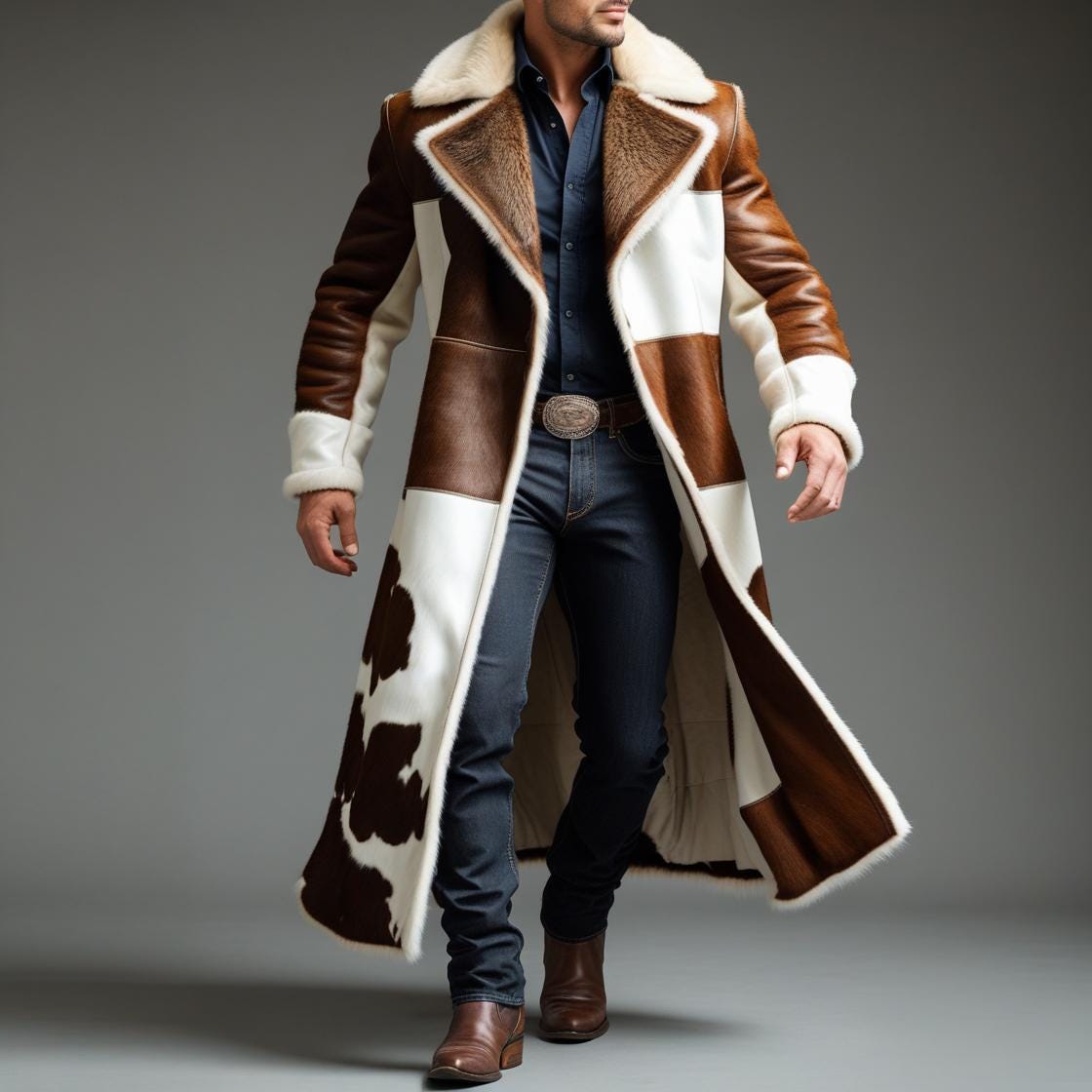 Handmade Men Cowhide Hair-On Leather Trench Coat – Brown & White Long Fur Duster – Western Rodeo Cowboy Coat – Real Leather Biker Style