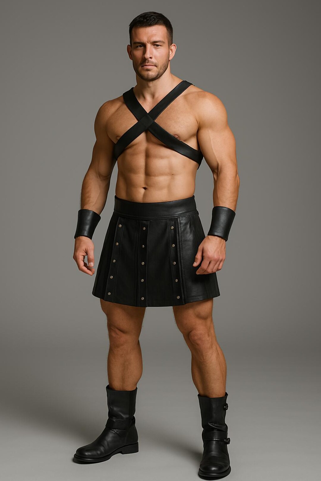Men Costumes Kilt Brown Leather Full Pleated Utility Gladiator LARP - (K2-BRW)