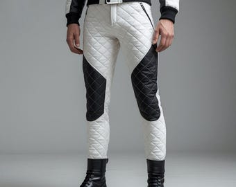 Black & White Leather Biker Pants – Handmade Sheepskin Pant, Gothic Rocker Fashion