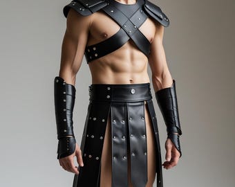 Gladiator Leather Armor Set for Men – Black Warrior Costume with Chest Harness, Skirt & Bracers | LARP and Cosplay Outfit