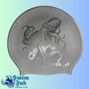 May include: A gray silicone swim cap with a silver octopus design and the text "Swim Ink" printed on the side.