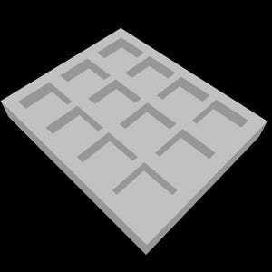 Puede incluir: Una bandeja rectangular blanca con 16 compartimentos cuadrados, cada uno con una esquina cortada. La bandeja está diseñada para contener objetos pequeños, como joyas o dulces.