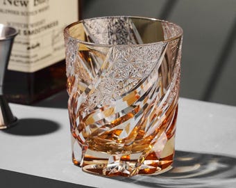 Vintage Kiriko Golden Flame Whiskey Glass Hand-Carved Bourbon Crystal Glassware Japanese Luxury Whisky Tumbler Men Gift Idea Birthday Gifts