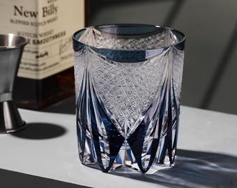 Vintage Kiriko Dark Blue Crystal Whisky Glass Hand-Carved Colored Glassware Japanese Luxury Scottish Whiskey Tumblers Barware Gift with Box