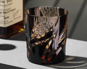 Vintage Kiriko Black Flame Crystal Whisky Glass Hand-Carved Retro Glassware Unique Japanese Whiskey Tumbler Barware Set Collection Gift Idea