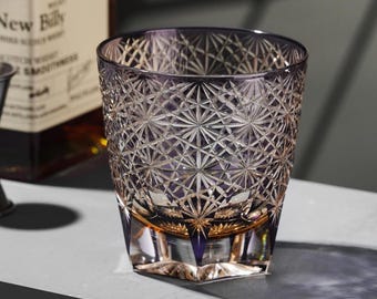 Vintage Kiriko Luxury Purple Crystal Whisky Rocks Glass Hand-Carved Old Fashioned Glassware Japanese Scottish Whiskey Tumbler Unique Barware