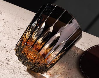 Japanese Kiriko Black Starlight Whiskey Glass Hand-Carved Bourbon Crystal Drinkware Unique Whiskey Tumbler Gift for Him Barware Gift Idea