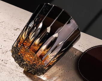 Japanese Kiriko Black Starlight Whiskey Glass Hand-Carved Bourbon Crystal Drinkware Unique Whiskey Tumbler Gift for Him Barware Gift Idea