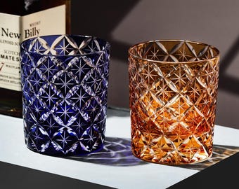 Edo Kiriko Shippo Whiskey Glasses Hand-Carved Colored Crystal Tumblers Japanese Luxury Barware Gift for Whisky Lovers Birthday Gifts for Him