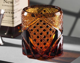 Vintage Kiriko Amber Black Whisky Glass Hand-Carved Japanese Luxury Crystal Glass Old Fashioned Whiskey Tumbler Unique Glassware Collection
