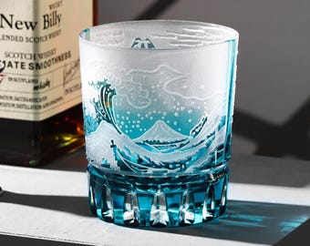 Hand-Carved Fuji Mountain Whiskey Glasses: Old Fashioned Bourbon Crystal Barware, Unique Japanese Whisky Gift for Friend