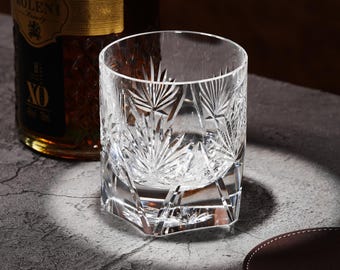 Old-Fashioned Crystal Engraved Whiskey Glass: Hand-Cut Floral Rocks Tumbler Vintage Style Luxury Clear Lowball Glasses Home Bar Gift for Him
