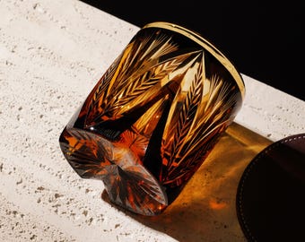 Crystal-Cut Golden Feather Whiskey Glass: Japanese Old Fashioned Crystal Bourbon Tumbler Luxury Home Barware Gift for Him