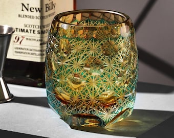 Hand-Carved Whiskey Rocks Glass Japanese Premium Crystal Tumbler Antique Bourbon Gifts for Him Barware Gift for Scotch Lovers with Gift Box