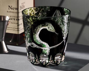 Vintage Kiriko Snake Whiskey Tumbler Hand-Carved Bourbon Crystal Glasses Old Fashioned Whisky Glassware Barware Drinking Glass Men Gift Idea