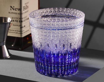 Old Fashioned Japanese Blue Whiskey Tumbler Hand-Carved Bourbon Crystal Rocks Glass Unique Lowball Whisky Drinking Glass Housewarming Gifts