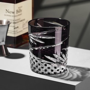 Vintage Kiriko Black Crystal Whisky Glass Hand-Carved Bourbon Drink Glasses Japanese Retro Whiskey Tumblers Barware Gift Tableware Gift Idea
