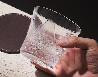 Japanese Mount Fuji Crystal Rocks Glass - Hand-Carved Classic Clear Whiskey Glass for Drink Lovers Unique Home Bar Gift with Box