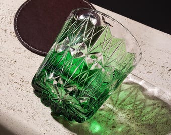 Hand-Carved Green Star Kiriko Whiskey Glass: Vintage Japanese Crystal Barware Colored Bourbon Gift for Him Home Bar Decor for Drink Lovers