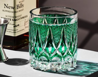 Retro Green Bamboo Whiskey Glass Hand-Carved Edo Kiriko Rocks Glass Unique Bourbon Drinkware Gift for Whiskey Lovers Birthday Gift Idea