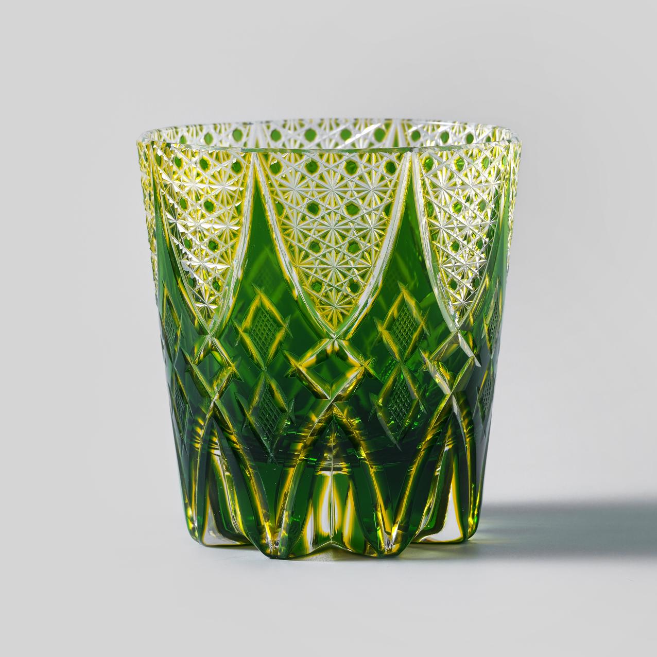 Vintage Kiriko Green Whiskey Glasses Hand-Carved Bourbon Crystal Rocks Glass Old Fashioned Whiskey Barware Tumbler Unique Glassware Gifts