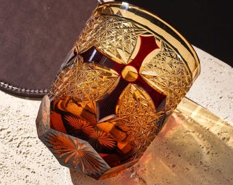 Vintage Scarlet Cross Whiskey Glass: Hand-Carved Japanese Old-Fashioned Crystal Tumbler Luxury Rocks Glass For Whisky Lovers Gift for Him